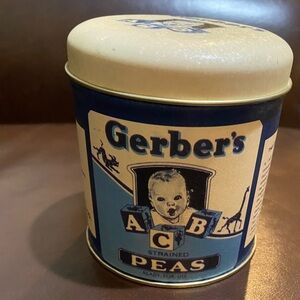 Gerber baby food tin vintage 3.5”H 3”W beige and blue round 10 EUC
